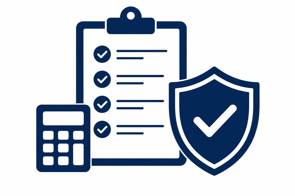 Checklist, calculator and shield representing tax filing